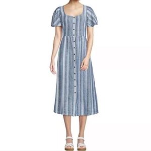 Lands' End Linen Sweetheart Button Front Midi Dress S/P 6-8 Blue Stripe Boho